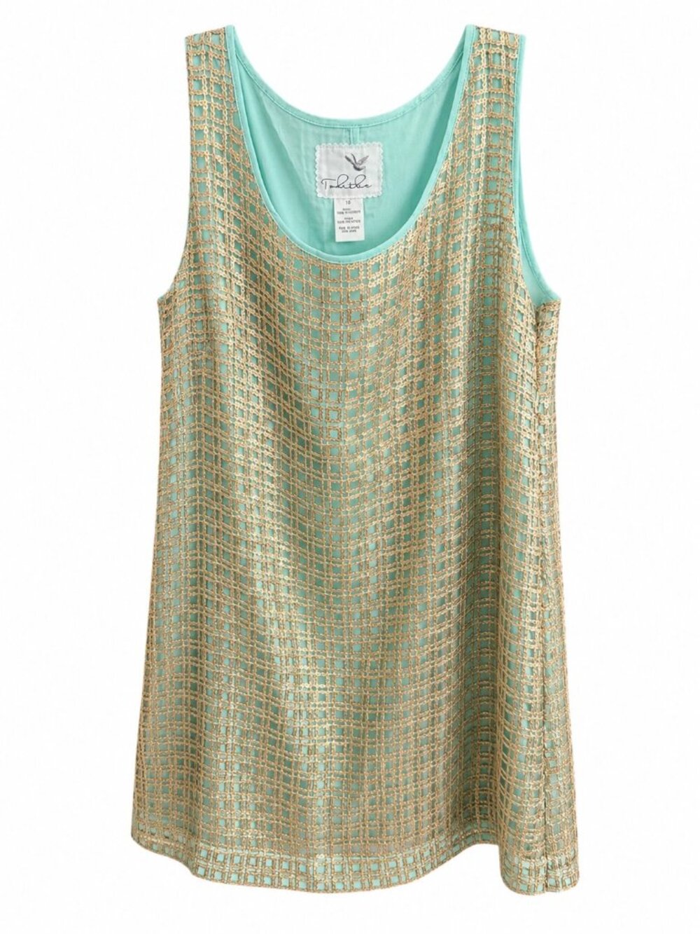 Gold & Mint Sleeveless Sheath Mini Dress With Sequin Overlay & Back Zip